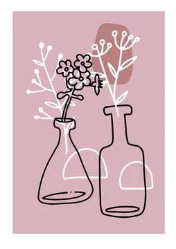 Spring flowers in vase continuous Line art . Abstract Contemporary collage of Stock Illustration