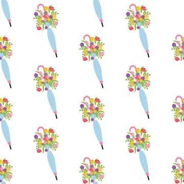 Spring flowers in wheelbarrow seamless pattern Illustration