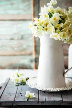 Spring flowers on wood. Rustic spring setting Stock Photos