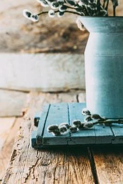 Spring flowers on wood. Rustic spring setting Stock Photos
