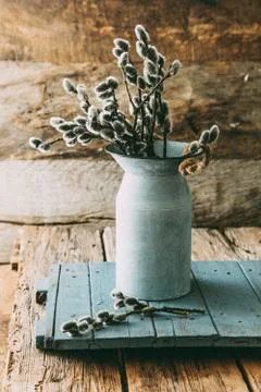 Spring flowers on wood. Rustic spring setting Stock Photos