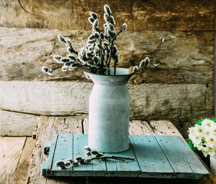 Spring flowers on wood. Rustic spring setting. Willow flowers on spring table Stock Photos