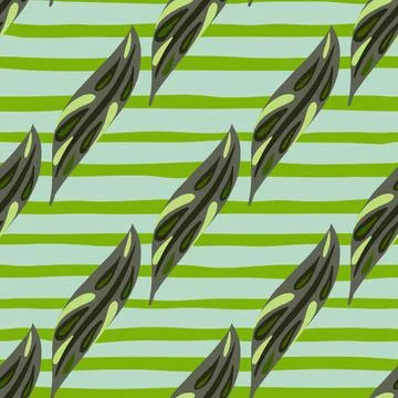 Spring foliage seamless pattern with green leaves print. Striped background.  Stock Illustration