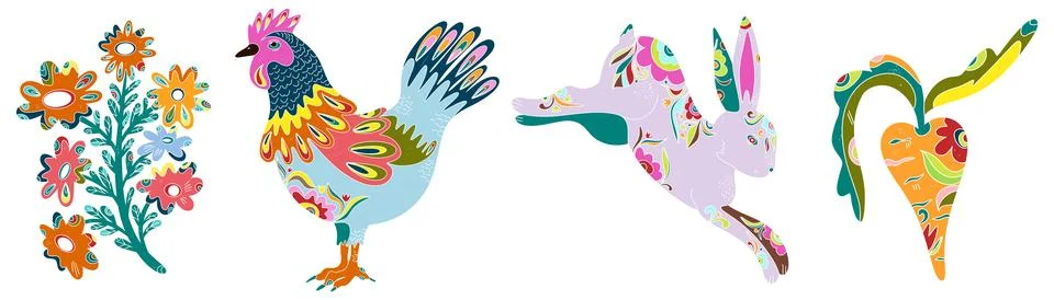 Spring folk art set. Vector elements. Easter motifs, holidays, weekends Illustrazione stock