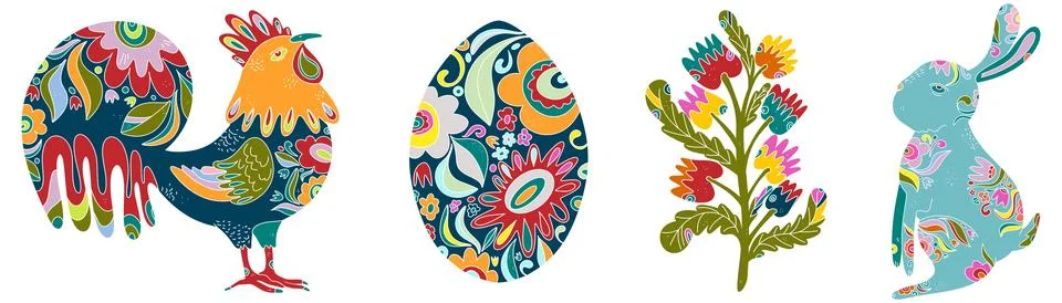 Spring folk art set. Vector elements. Easter motifs, holidays, weekends 스톡 일러스트