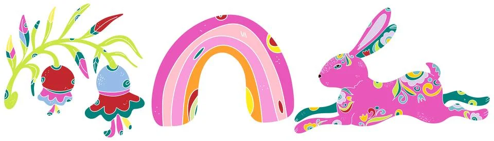 Spring folk art set. Vector elements. Easter motifs, holidays, weekends 库存插图