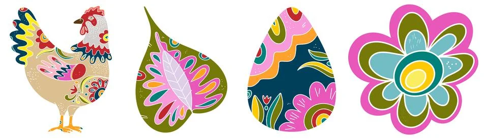 Spring folk art set. Vector elements. Easter motifs, holidays, weekends Illustrazione stock