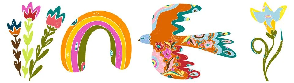 Spring folk art set. Vector elements. Easter motifs, holidays, weekends Illustrazione stock