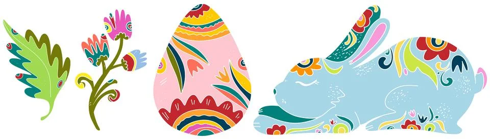 Spring folk art set. Vector elements. Easter motifs, holidays, weekends 스톡 일러스트
