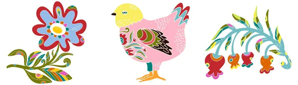 Spring folk art set. Vector elements. Easter motifs, holidays, weekends 스톡 일러스트