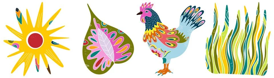 Spring folk art set. Vector elements. Easter motifs, holidays, weekends Illustrazione stock