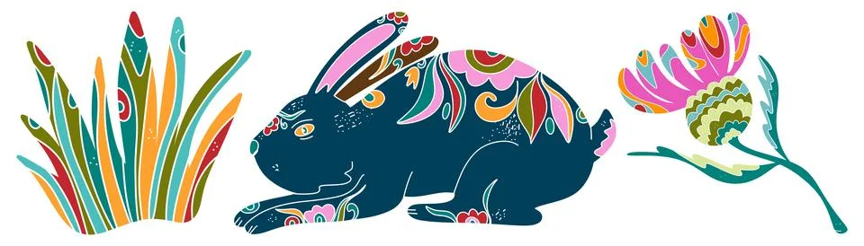 Spring folk art set. Vector elements. Easter motifs, holidays, weekends Illustrazione stock