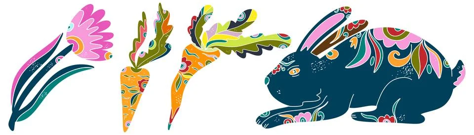 Spring folk art set. Vector elements. Easter motifs, holidays, weekends 스톡 일러스트