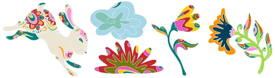 Spring folk art set. Vector elements. Easter motifs, holidays, weekends Illustrazione stock