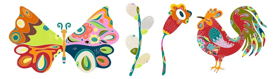 Spring folk art set. Vector elements. Easter motifs, holidays, weekends 库存插图