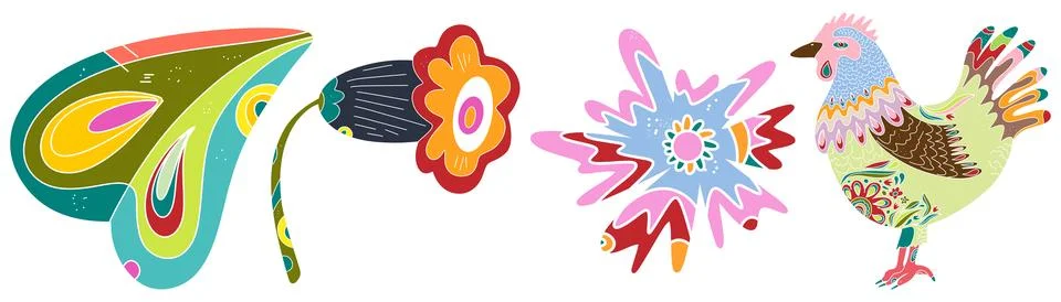 Spring folk art set. Vector elements. Easter motifs, holidays, weekends Illustrazione stock