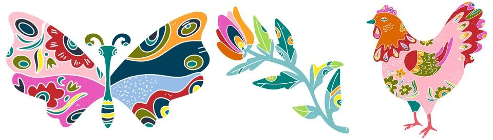 Spring folk art set. Vector elements. Easter motifs, holidays, weekends Illustrazione stock