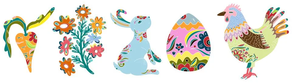 Spring folk art set. Vector elements. Easter motifs, holidays, weekends Illustrazione stock