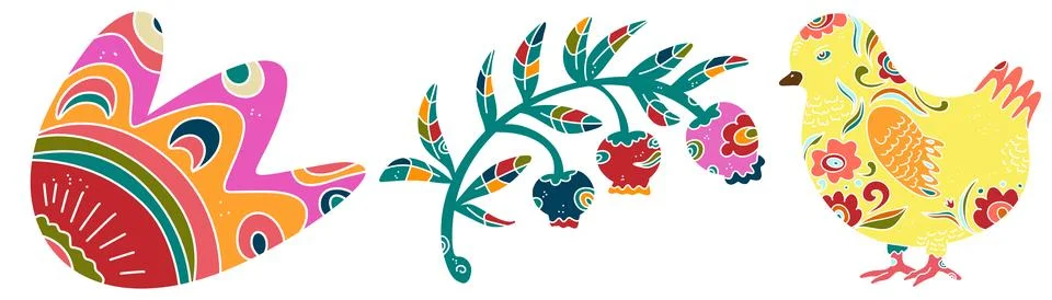 Spring folk art set. Vector elements. Easter motifs, holidays, weekends Illustrazione stock