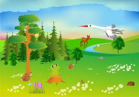 Spring forest and animals Stock Illustration
