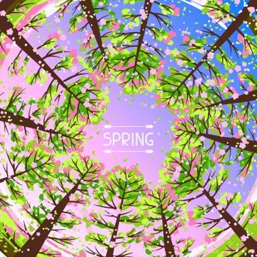 Spring forest background with stylized trees. Stock Illustration