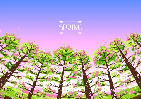 Spring forest background with stylized trees. Stock Illustration