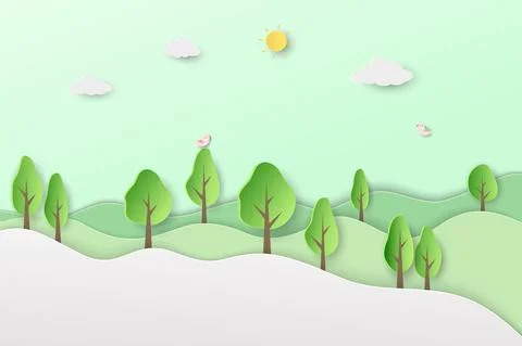 Spring forest landscape background on paper cut and craft style Stock Illustration