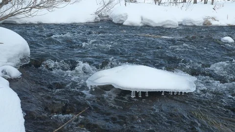 Spring forest river. Melting ice on the river, white snow on the river banks Stock Footage 125292016