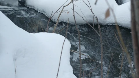 Spring forest river. Melting ice on the river, white snow on the river banks Stock Footage 125298558