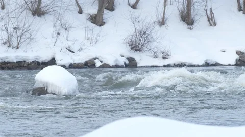 Spring forest river. Melting ice on the river, white snow on the river banks Stock Footage 125304961