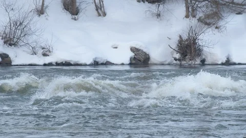 Spring forest river. Melting ice on the river, white snow on the river banks Stock Footage 125306290