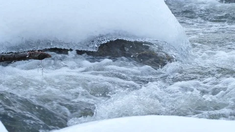 Spring forest river. Melting ice on the river, white snow on the river banks Stock Footage 125306678