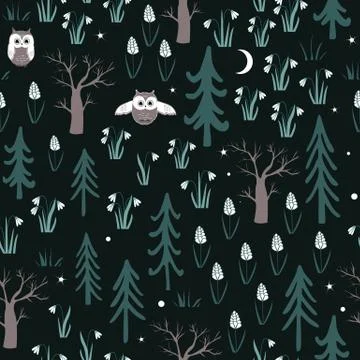 Spring forest seamless pattern with birds, flowers, and trees. Gentle Vector Illustrazione stock