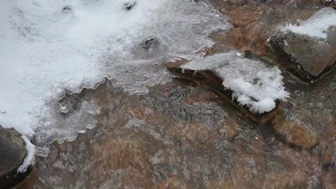 Spring in a forest stream. The flow curves around rocks and speeds up. Ice Stock-Footage 329098999