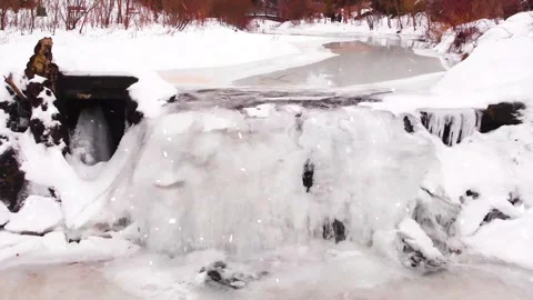 Spring Forest Waterfall Turning Into Heavy Winter Snowstorm Stock Footage 330278920