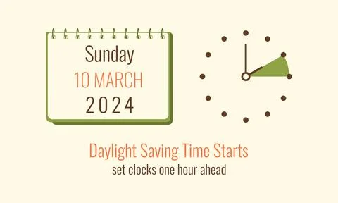 Spring forward 2024 10 March minimalist banner with Calendar and alarm. Dayli Stock Illustration