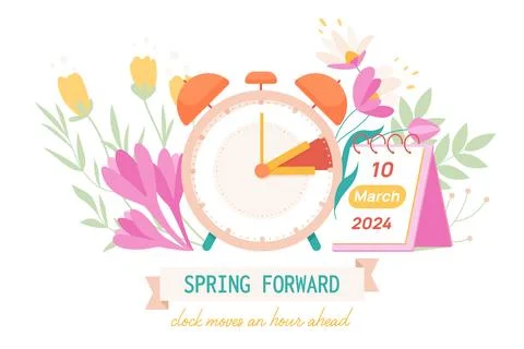 Spring Forward 2024, daylight saving time information banner reminder with Illustrazione stock