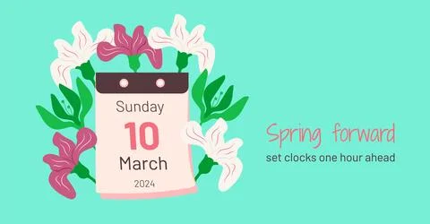 Spring forward 2024 web banner with calendar date 10 March. Switch clocks f.. Stock Illustration