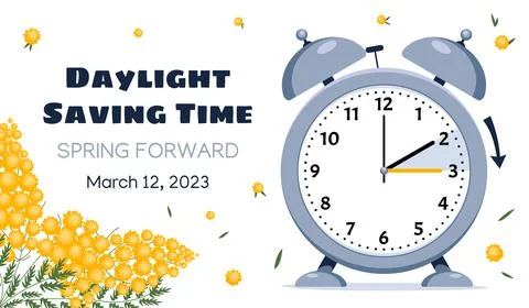 Spring Forward. Clock set to an hour ahead March 12, 2023. Stock Illustration