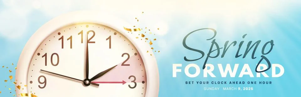 Spring Forward. Daylight saving time banner with wall clock Stock Illustration