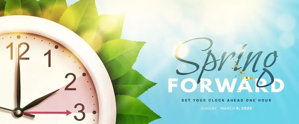 Spring Forward. Daylight saving time banner with wall clock Stock Illustration