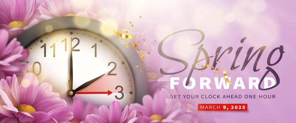 Spring Forward. Daylight saving time banner with wall clock Stock Illustration