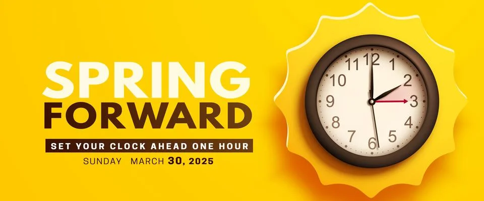Spring Forward. Daylight saving time banner with wall clock Stock Illustration