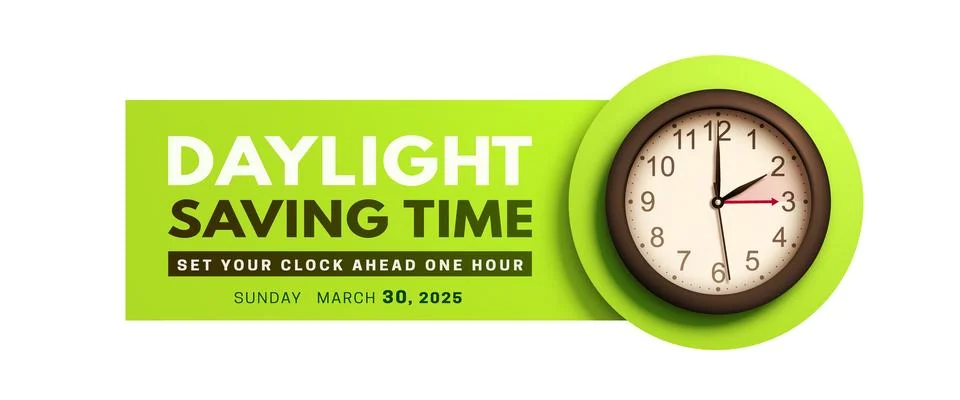 Spring Forward. Daylight saving time banner with wall clock Illustrazione stock