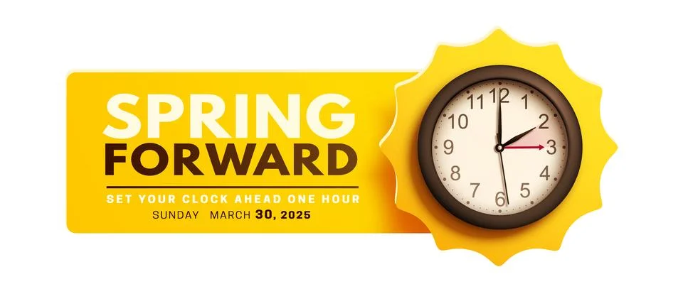Spring Forward. Daylight saving time banner with wall clock Stock Illustration