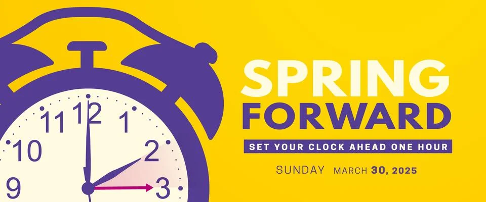 Spring Forward. Daylight saving time banner with alarm clock Stock Illustration