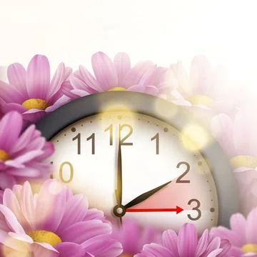 Spring Forward. Daylight saving time. Realistic clock and chrysanthemum flowe Stock Illustration