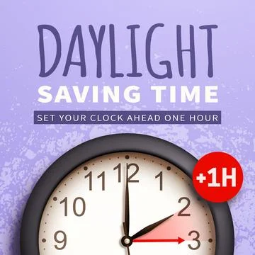 Spring Forward. Daylight saving time banner with realistic 3d clock Stock Illustration