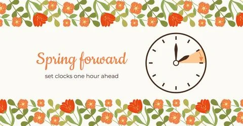 Spring Forward floral banner with Clock. DST Starts design with Flowers and.. Stockillustratie