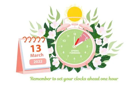 Spring Forward March 13, 2022 banner. Alarm clock with the caledar date for t Stock Illustration
